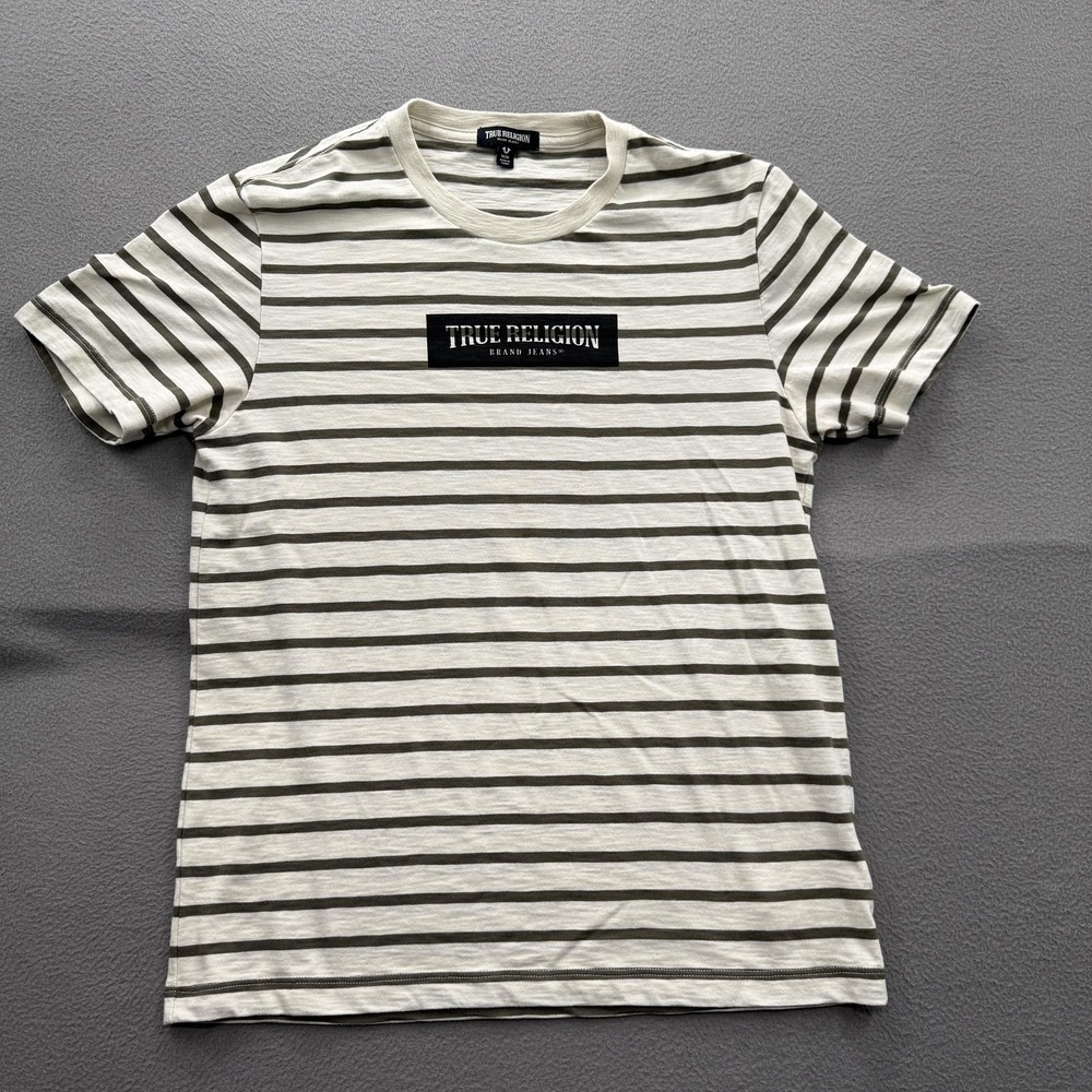 True Religion Shirt Mens Medium White Striped Logo Box Crewneck T-Shirt Tee